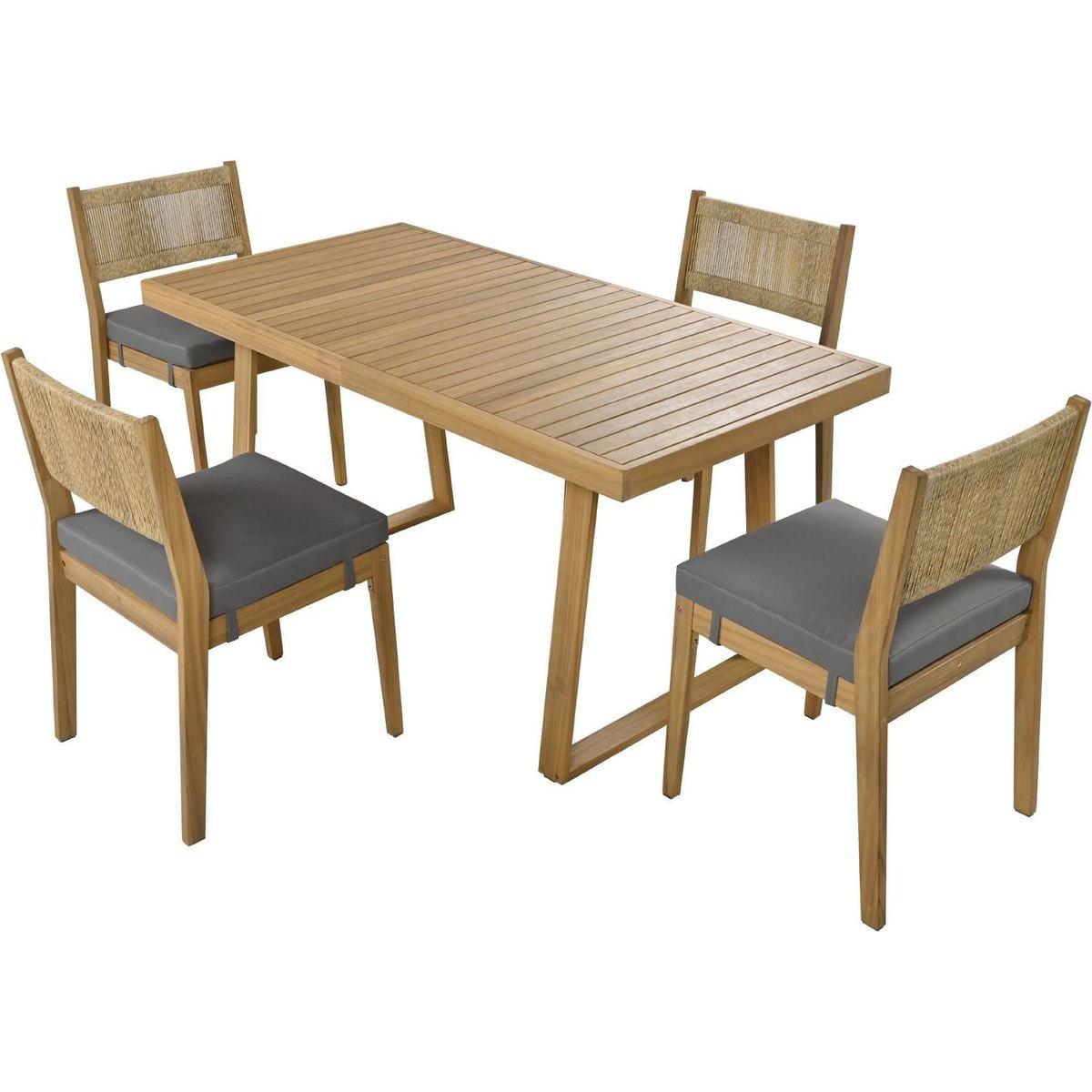 Multi-person Outdoor Acacia Wood Dining Table and Chair Set, Thick Cushions, Suitable for Balcony, Vourtyard, and Garden.