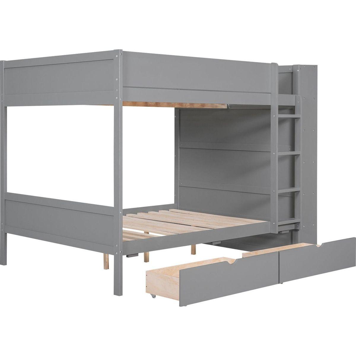 Full over Full Bunk Bed With 2 Drawers and Multi-layer Cabinet, Gray