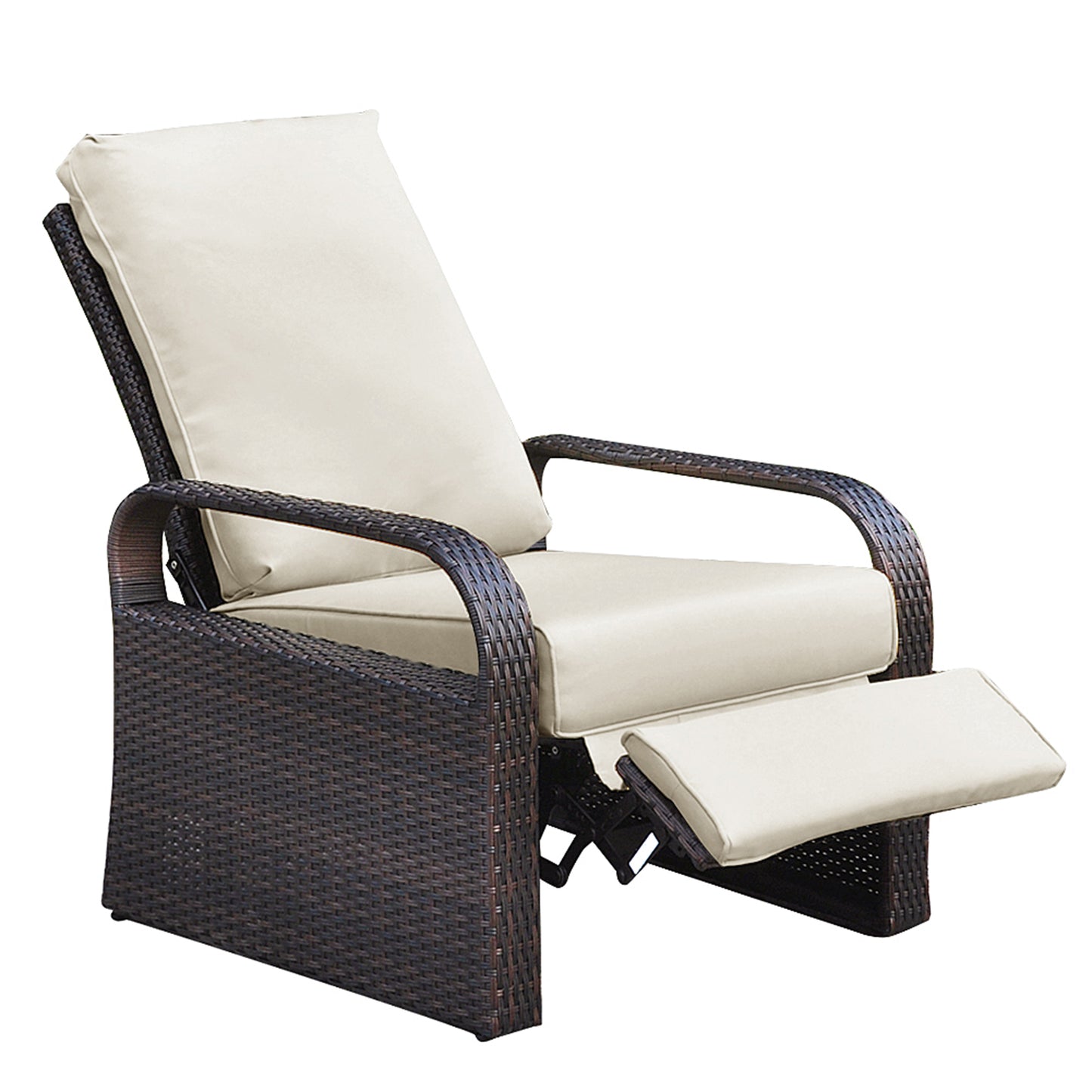 Outdoor Recliner, Automatic Adjustable Wicker Lounge Recliner Chair with Comfy Thicken Cushion, All Weather Aluminum Frame, Brown Wicker + Beige Cushion