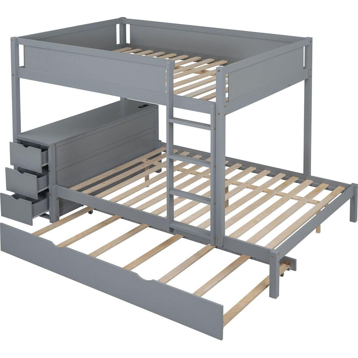 Full-Over-Full Bunk Bed with Twin size Trundle, Storage and Desk, Gray
