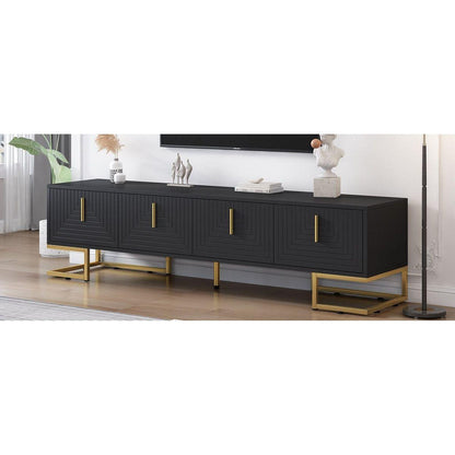 Modern TV Stand with Metal Legs and Gold Handles for TVs Up to 80", Media Console Table with Cabinets and Adjustable Shelves, Luxury TV Cabinet with Geometric Lines for Living Room, Black