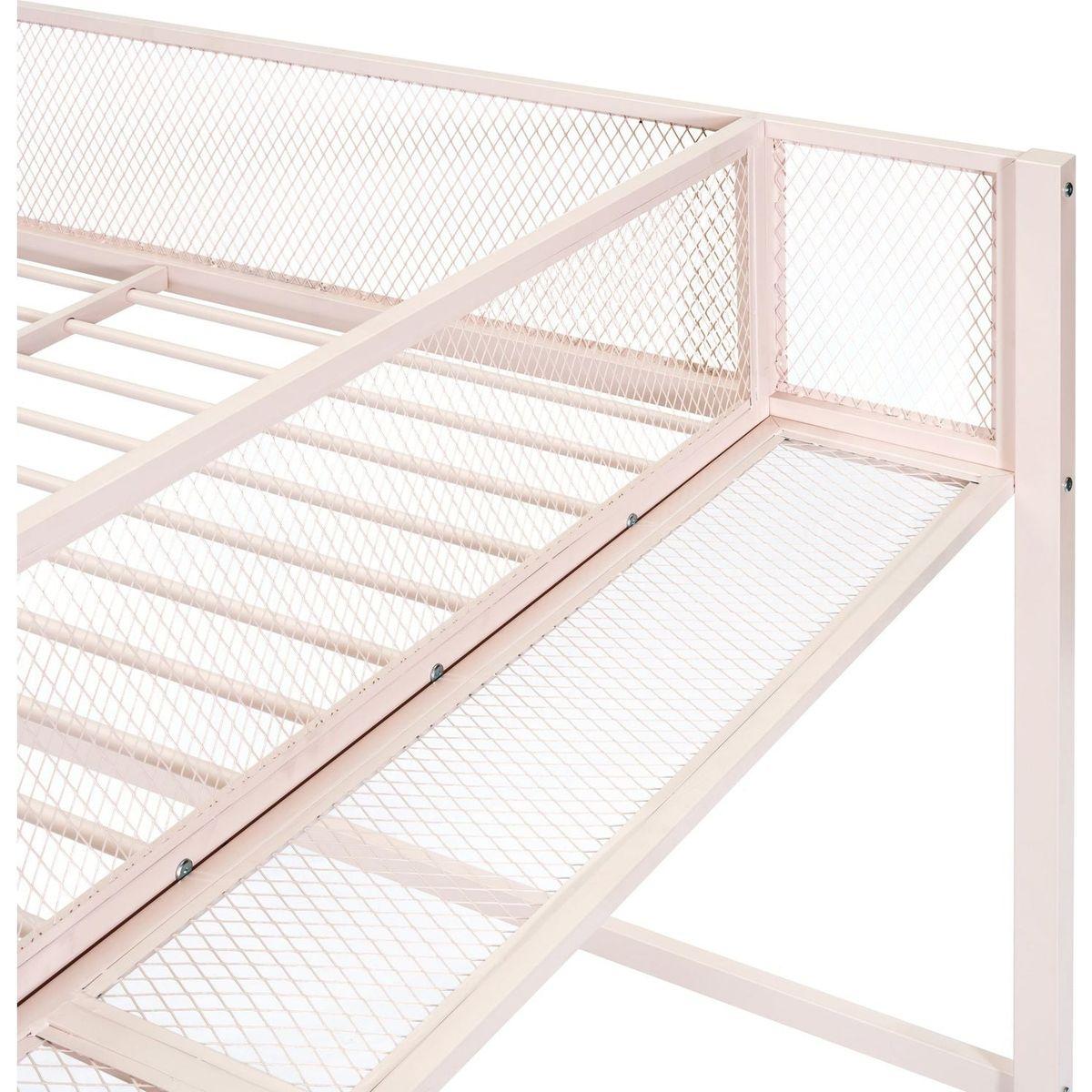 Full Size Metal Loft Bed with 4-Tier Shelves and Storage, Pink