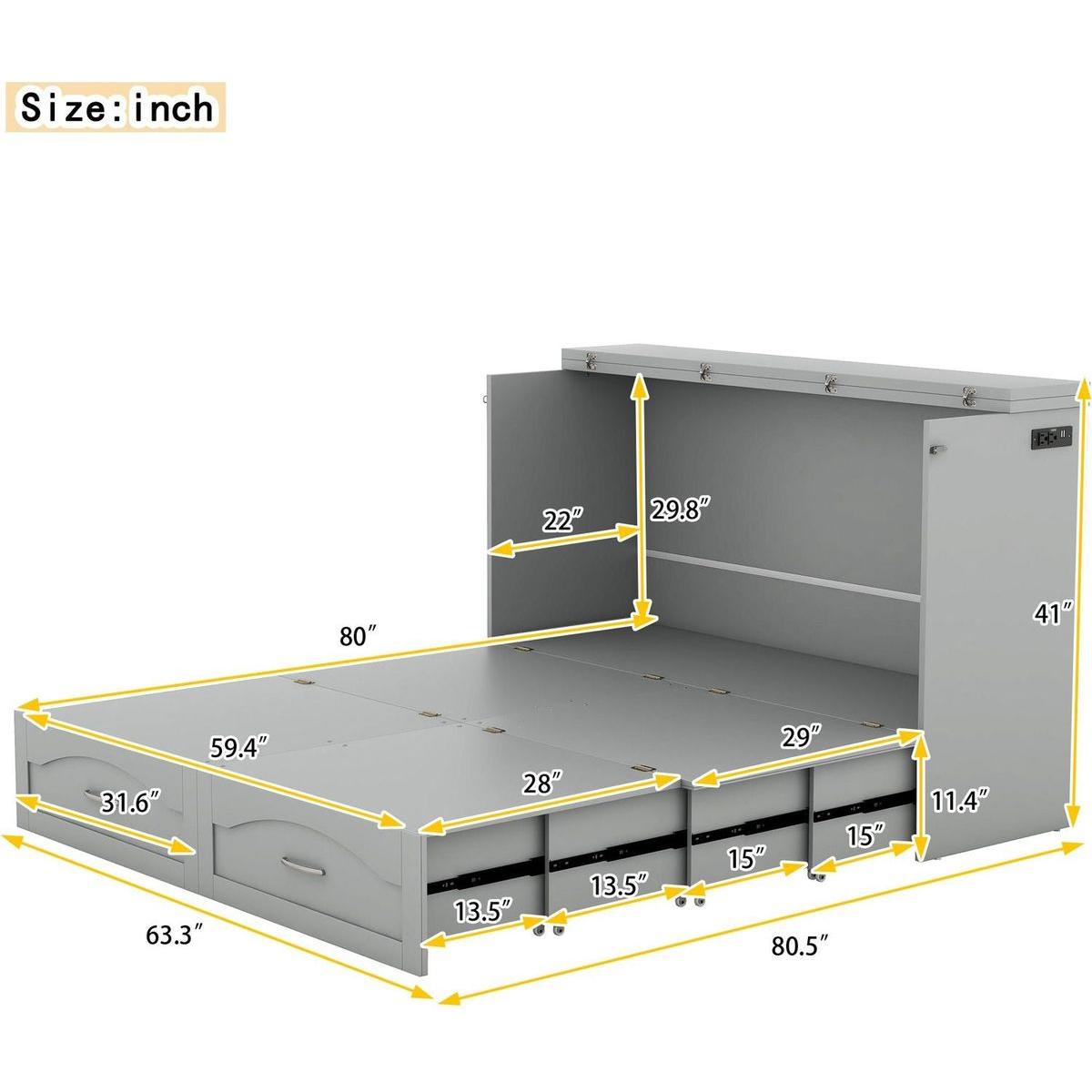 Queen Size Murphy Bed Wall Bed with drawer and a set of Sockets & USB Ports, Pulley Structure Design, Gray
