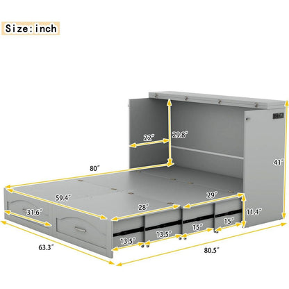 Queen Size Murphy Bed Wall Bed with drawer and a set of Sockets & USB Ports, Pulley Structure Design, Gray