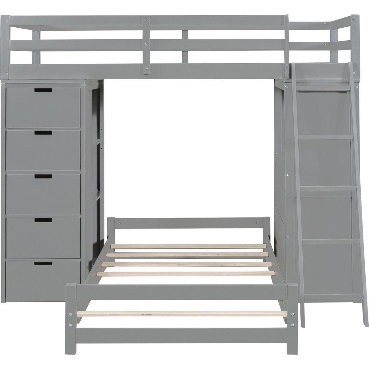 Twin over Twin Bunk Bed with LED Light and USB Ports, Gray