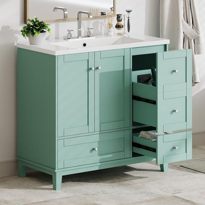 36 Inch Modern Bathroom Vanity with USB Charging, Two Doors and Three Drawers Bathroom Storage Vanity Cabinet, Small Bathroom Vanity cabinet with single sink, Green - Faucets Not Included