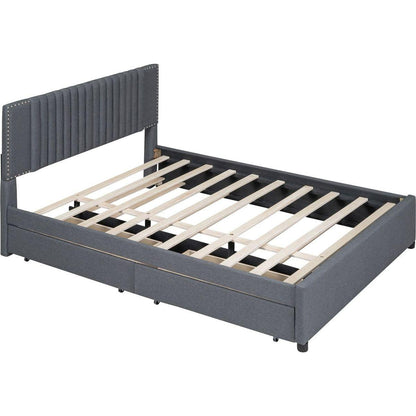 Queen Size Upholstered Platform Bed with 2 Drawers and 1 Twin XL Trundle, Classic Headboard Design, Gray