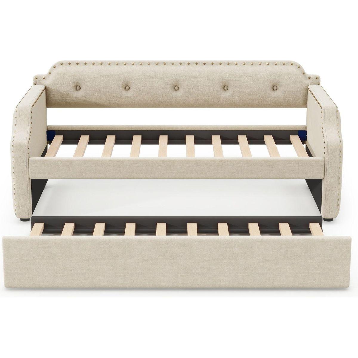 Upholstered Daybed with Trundle, Wood Slat Support,Upholstered Frame Sofa Bed, Twin, Beige
