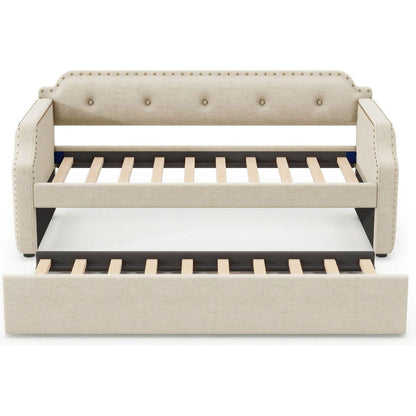 Upholstered Daybed with Trundle, Wood Slat Support,Upholstered Frame Sofa Bed, Twin, Beige