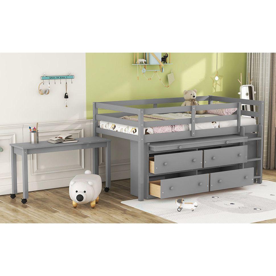 Twin Size Loft Bed with Retractable Writing Desk and 4 Drawers, Wooden Loft Bed with Lateral Portable Desk and Shelves, Gray