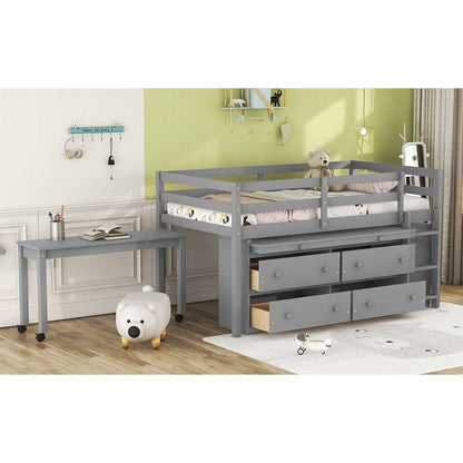 Twin Size Loft Bed with Retractable Writing Desk and 4 Drawers, Wooden Loft Bed with Lateral Portable Desk and Shelves, Gray