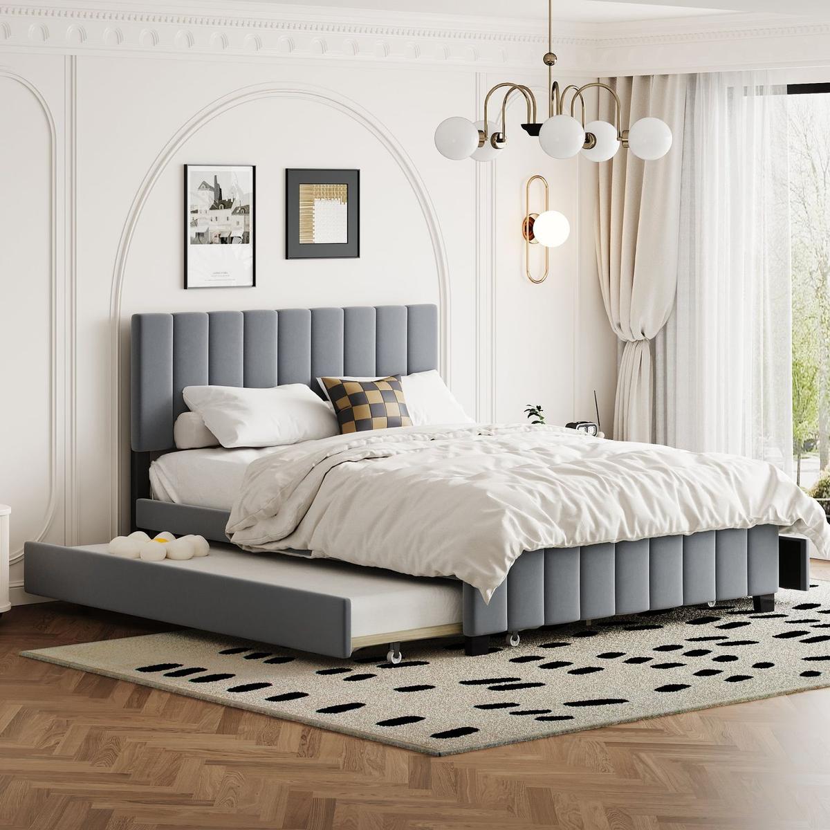 Queen Size Velvet Upholstered Platform Bed with 2 Drawers and 1 Twin XL Trundle- Gray - Streamdale Furniture