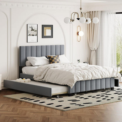 Queen Size Velvet Upholstered Platform Bed with 2 Drawers and 1 Twin XL Trundle- Gray - Streamdale Furniture