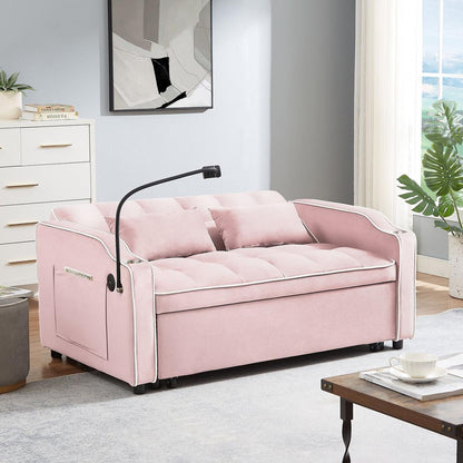 1 versatile foldable sofa bed in 3 lengths, modern sofa sofa sofa velvet pull-out bed, adjustable back and with USB port and ashtray and swivel phone stand (pink)