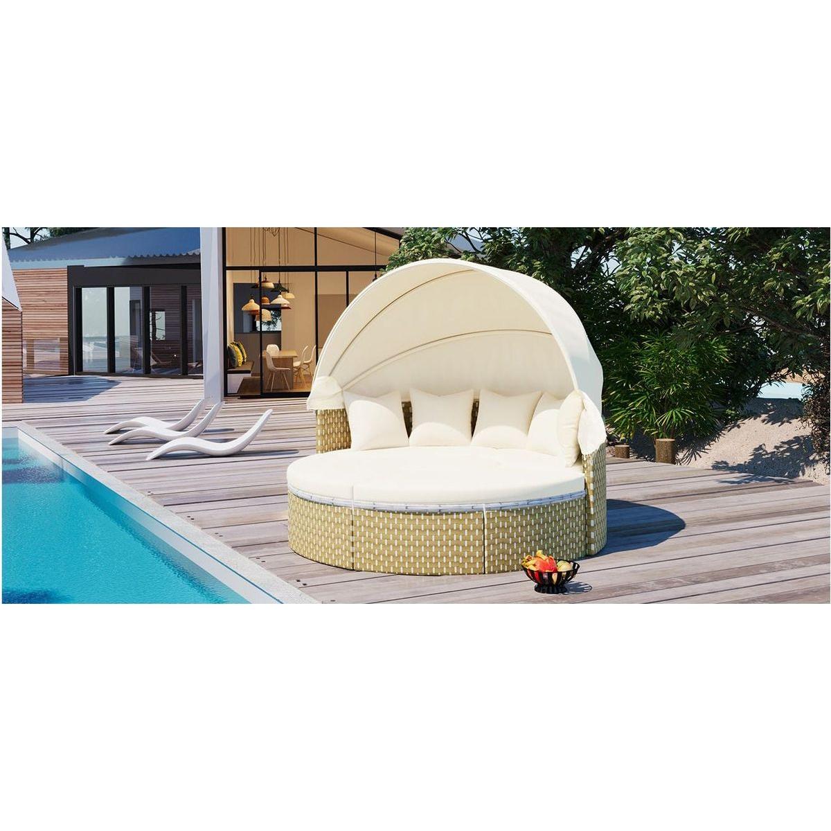 Patio Furniture Round Outdoor Sectional Sofa Set Rattan Daybed Two-Tone Weave Sunbed with Retractable Canopy, Separate Seating and Removable Cushion, Beige