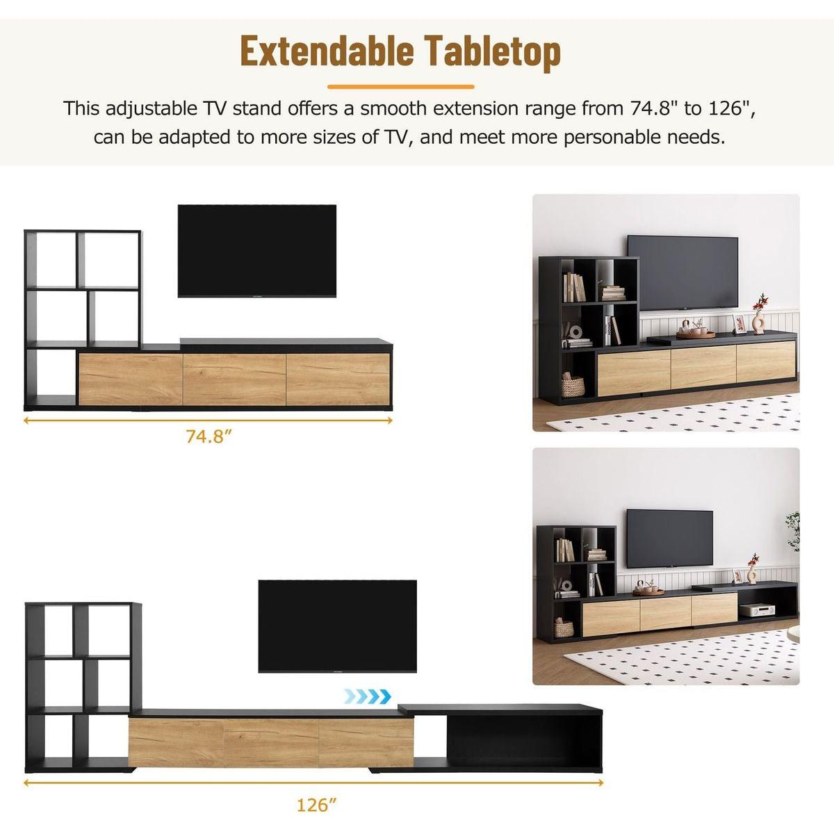 74.8"-126" Extendable TV Stand with 3 Tier Bookshelves for TVs up to 110", Adjustable Entertainment Center with Storage Cabinets, Sliding Tabletop Media Console for Living Room, Black