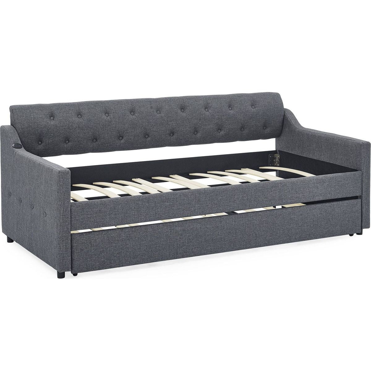 Twin Size Upholstery DayBed with Twin Size Erectable Trundle and USB Charging Design, Linen Dark Gray