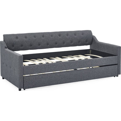 Twin Size Upholstery DayBed with Twin Size Erectable Trundle and USB Charging Design, Linen Dark Gray