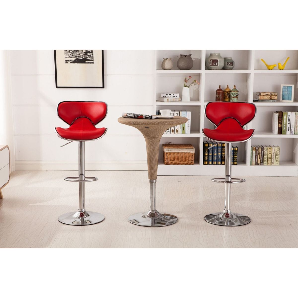 Masaccio Upholstery Airlift Adjustable Swivel Barstool with Chrome Base, Set of 2, Red - Streamdale Furniture