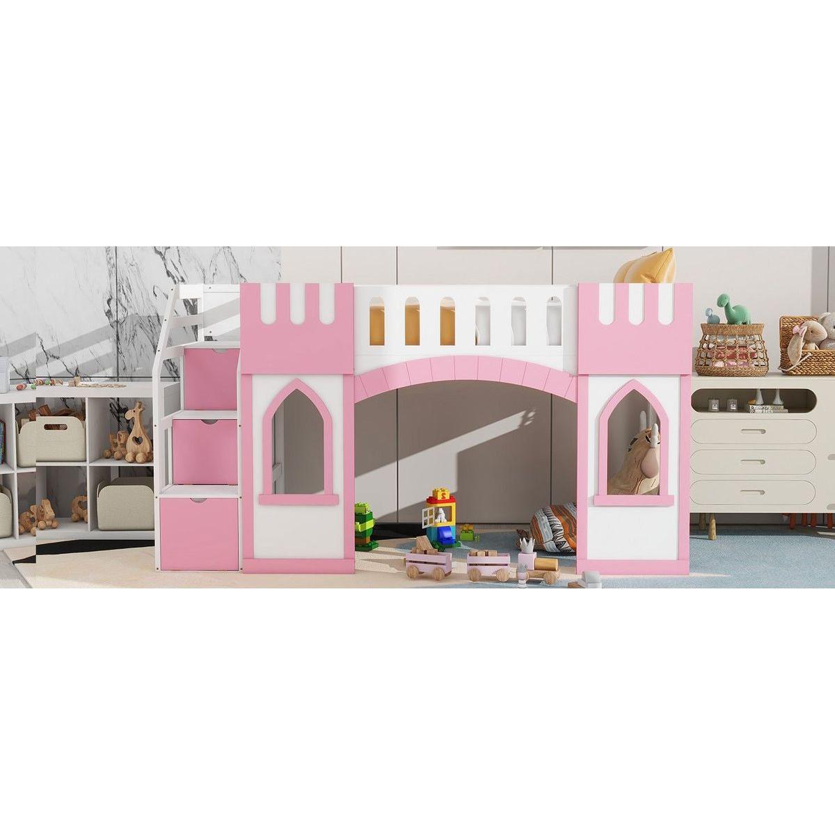 Twin Size Loft Bed with Storage Staircase and Window, Pink