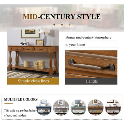63inch Long Wood Console Table with 3 Drawers and 1 Bottom Shelf for Entryway Hallway Easy Assembly Extra-thick Sofa Table(Brown)