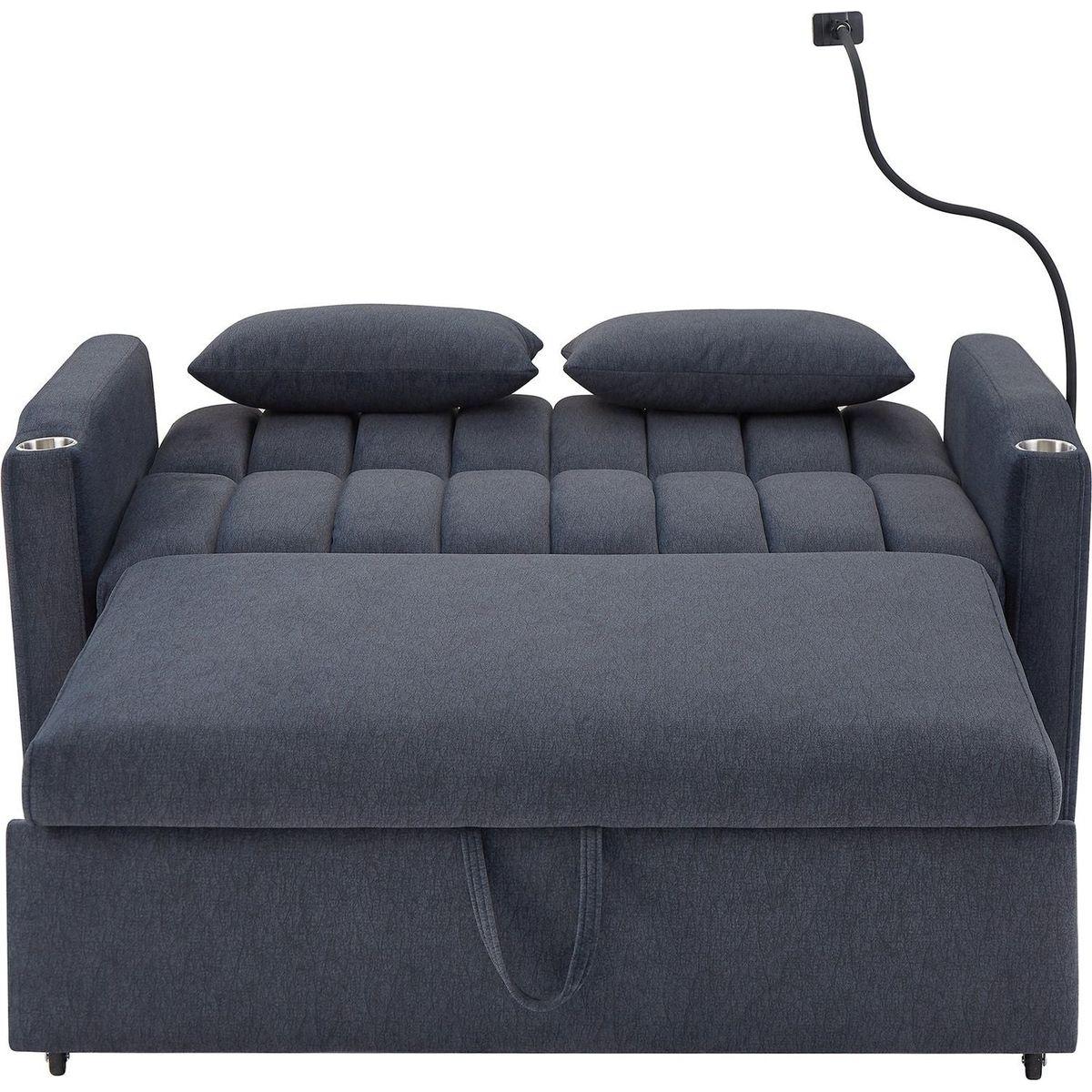 55.9" Convertible Sofa Bed Loveseat Sofa with Three USB Ports, Two Side Pockets, Two Cup Holders and 360Swivel Phone Holder for Living Room, Blue Grey