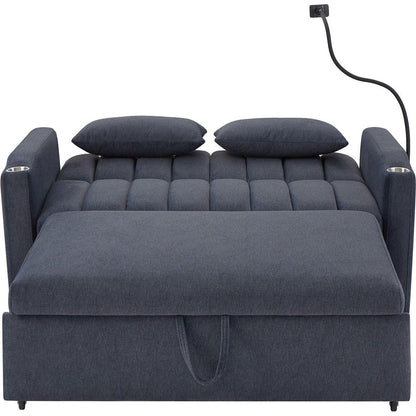 55.9" Convertible Sofa Bed Loveseat Sofa with Three USB Ports, Two Side Pockets, Two Cup Holders and 360Swivel Phone Holder for Living Room, Blue Grey