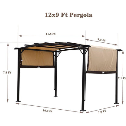 12 x 9 Ft Outdoor Pergola Patio Gazebo,Retractable Shade Canopy,Steel Frame Grape Gazebo,Sunshelter Pergola for Gardens,Terraces,Backyard-Beige