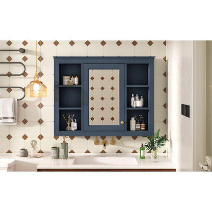 35" x 27.5" Medicine Cabinet, Wall Mounted Bathroom Storage Cabinet, Modern Bathroom Wall Cabinet with Mirror, Mirror Cabinet with 6 Open Shelves (Not Include Bathroom Vanity)