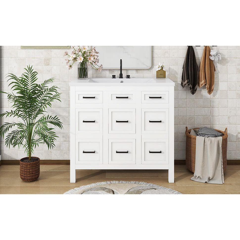 36" Bathroom Vanity Cabinet with Resin Integrated Sink - 4 Drawers, 2 Doors