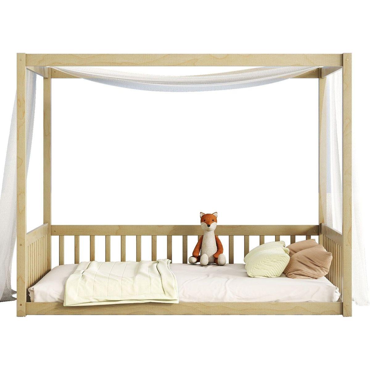 Full Size Canopy Frame Floor Bed with Fence, Guardrails,Natural