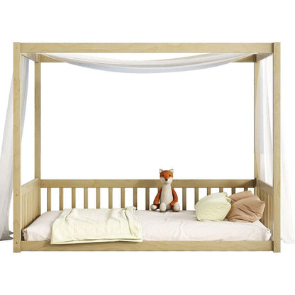 Full Size Canopy Frame Floor Bed with Fence, Guardrails,Natural