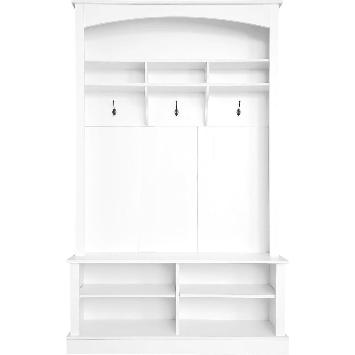47.2" Wide Hall Tree with Bench and Shoe Storage, Multi-functional Storage Bench with 3 Hanging Hooks & Open Storage Space, Rectangle Storage & Shelves Coat Rack for Hallway, White