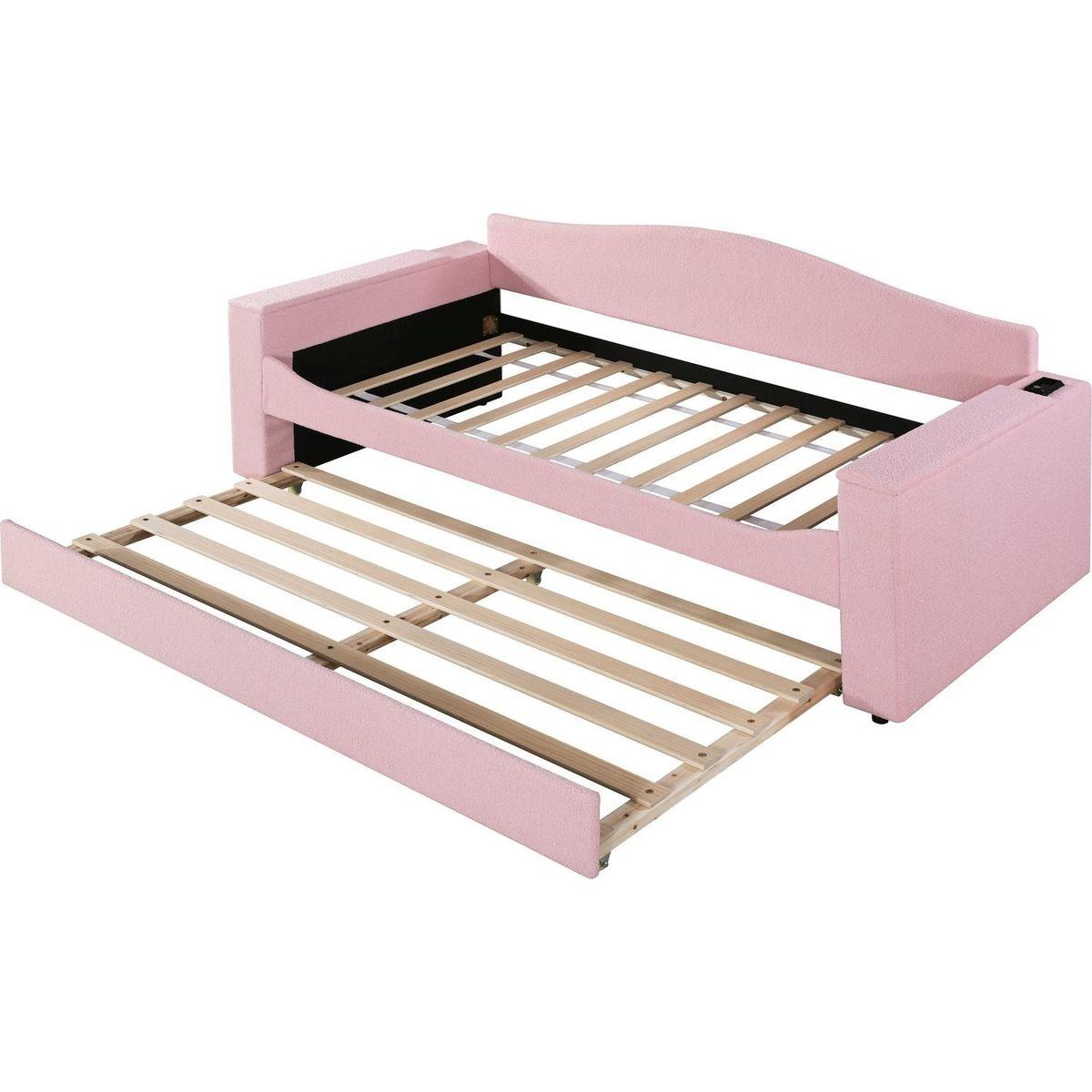 Twin Size Upholstered Daybed with Storage Armrests, Trundle and Latest Integrated Bluetooth Audio System, Teddy Fleece, Pink