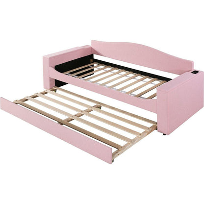 Twin Size Upholstered Daybed with Storage Armrests, Trundle and Latest Integrated Bluetooth Audio System, Teddy Fleece, Pink