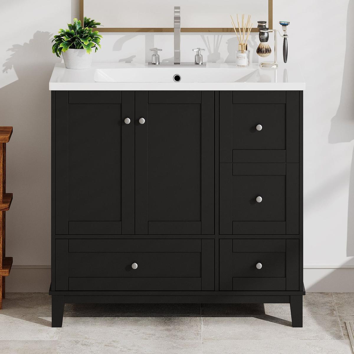 36 Inch Modern Bathroom Vanity with USB Charging, Two Doors and Three Drawers Bathroom Storage Vanity Cabinet, Small Bathroom Vanity cabinet with single sink, Black - Faucets Not Included