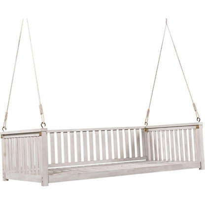 Patio Minimalist Twin Size Garden Swing Bed Wood Porch Swing with Ropes for Backyard, Safe Sloped Design, White