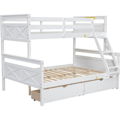 Twin over Full Bunk Bed with Ladder, Two Storage Drawers, Safety Guardrail, White