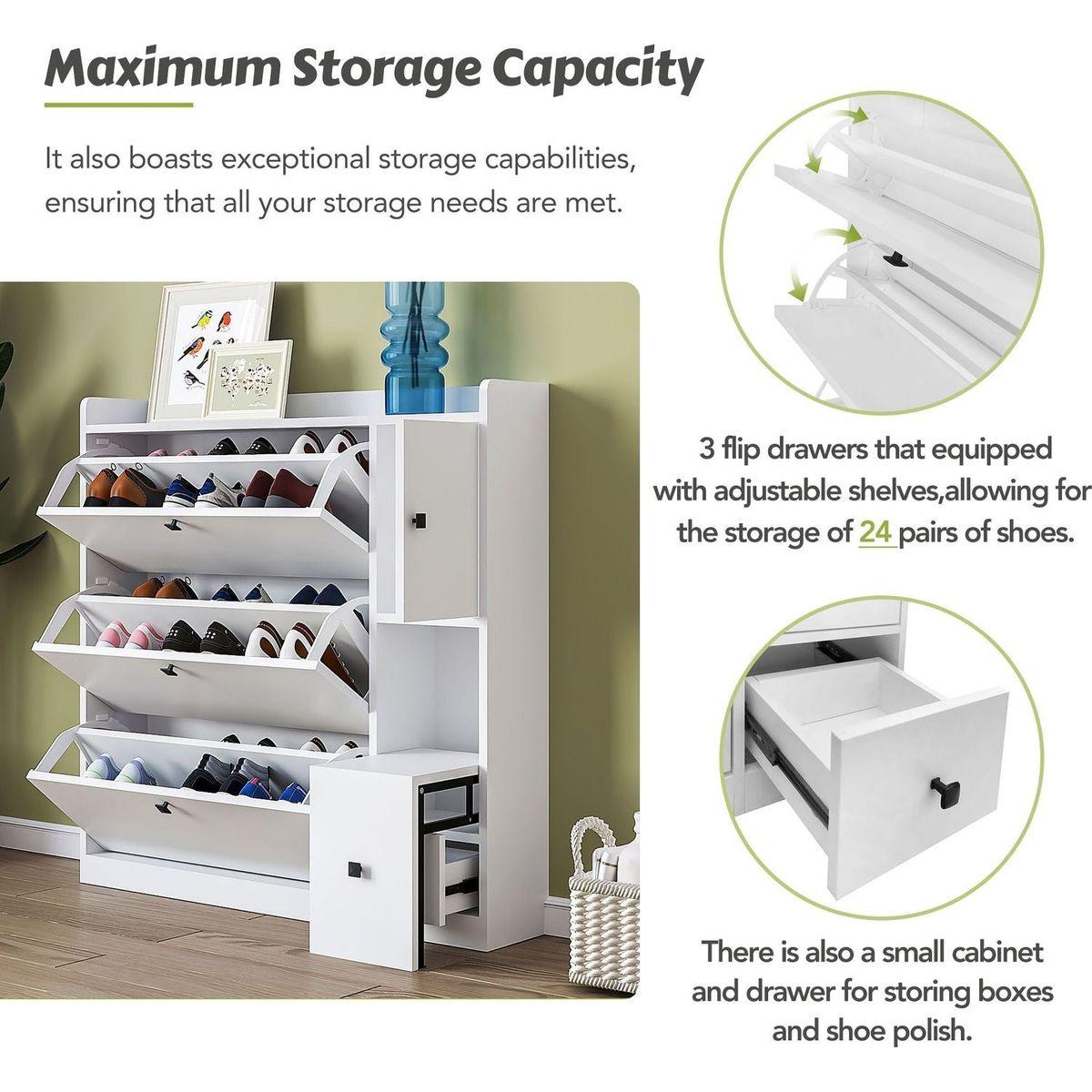 Versatile Shoe Cabinet with 3 Flip Drawers, Maximum Storage Entryway Organizer with Drawer, Free Standing Shoe Rack with Pull-down Seat for Hallway, White