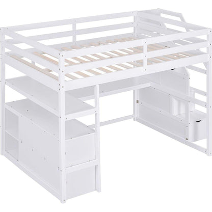 Full Size Loft Bed with Desk and Shelves, Two Built-in Drawers, Storage Staircase, White