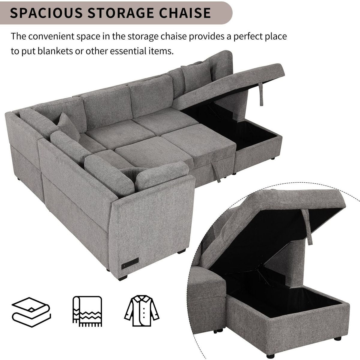 108.6" U-shaped Sectional Sofa Pull out Sofa Bed with Two USB Ports, Two Power Sockets, Three Back Pillows and a Storage Chaise for Living Room, Light Gray