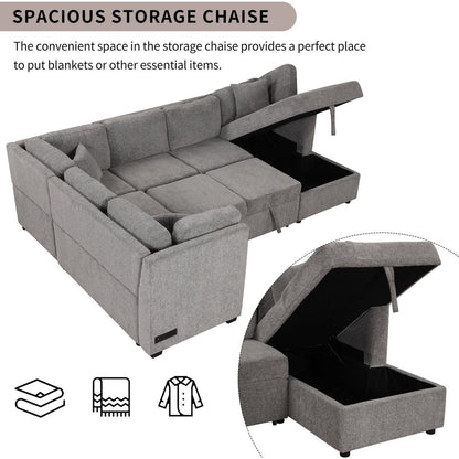 108.6" U-shaped Sectional Sofa Pull out Sofa Bed with Two USB Ports, Two Power Sockets, Three Back Pillows and a Storage Chaise for Living Room, Light Gray