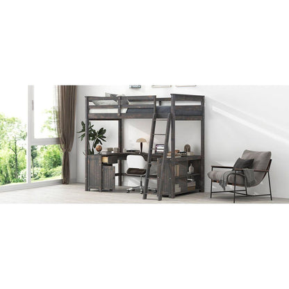 Full Size Loft Bed with U-shaped Desk, Drawers and Storage Shelves, Antique Brown