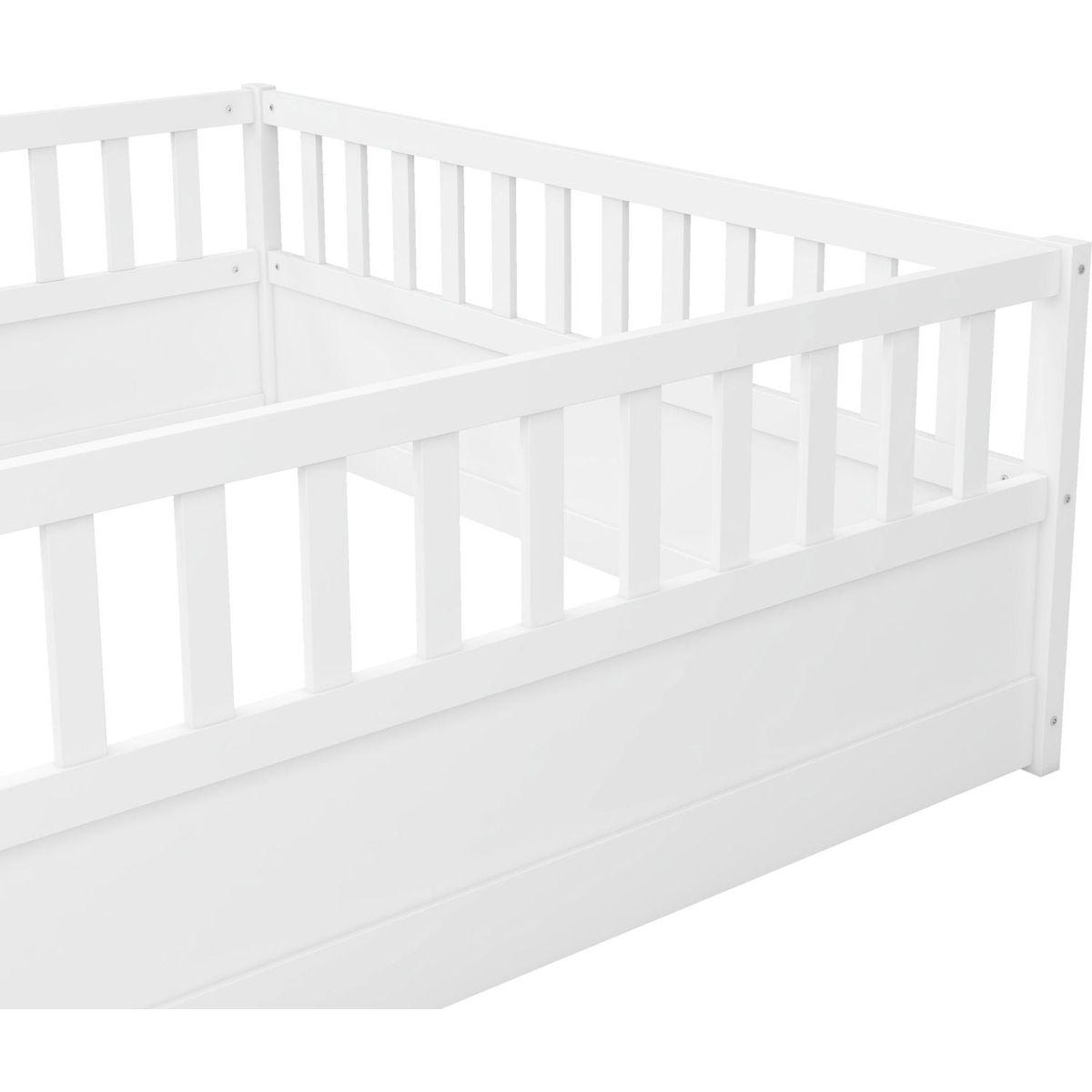 Full size Floor bed, integral construction with super high security barrier, door, children's floor bed frame, Montessori wooden children's floor bed, white - Streamdale Furniture