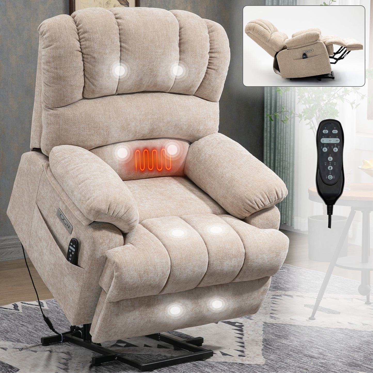 23" Seat Width and High Back Large Size Beige Chenille Power Lift Recliner Chair with 8-Point Vibration Massage and Lumbar Heating