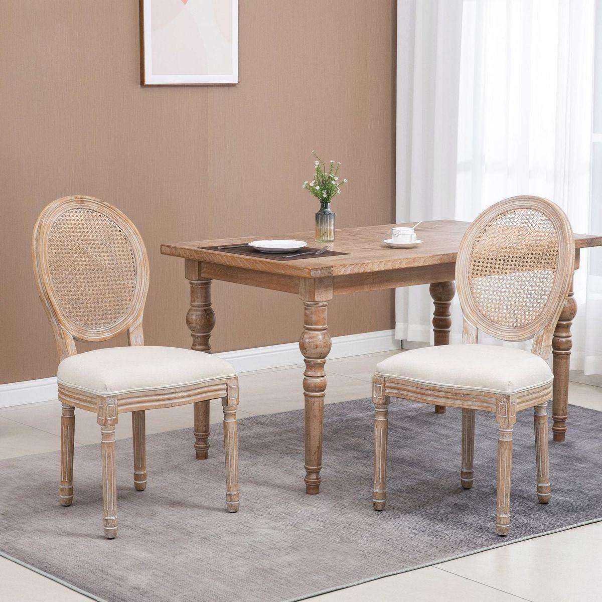 French-Style Upholstered Dining Chair Set, Armless Accent Side Chairs with Rattan Backrest and Linen-Touch Upholstery, Set of 2, Cream White