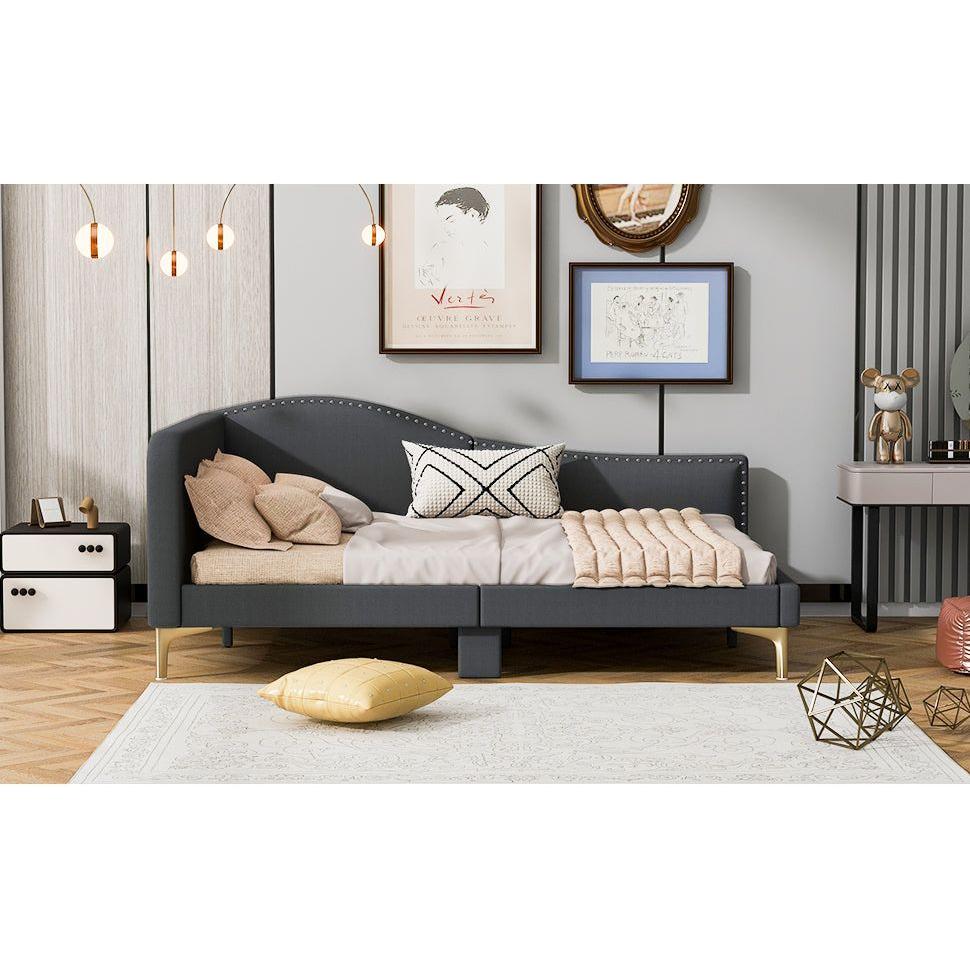 Full Size Upholstered Daybed with Headboard and Armrest, Support Legs, Grey