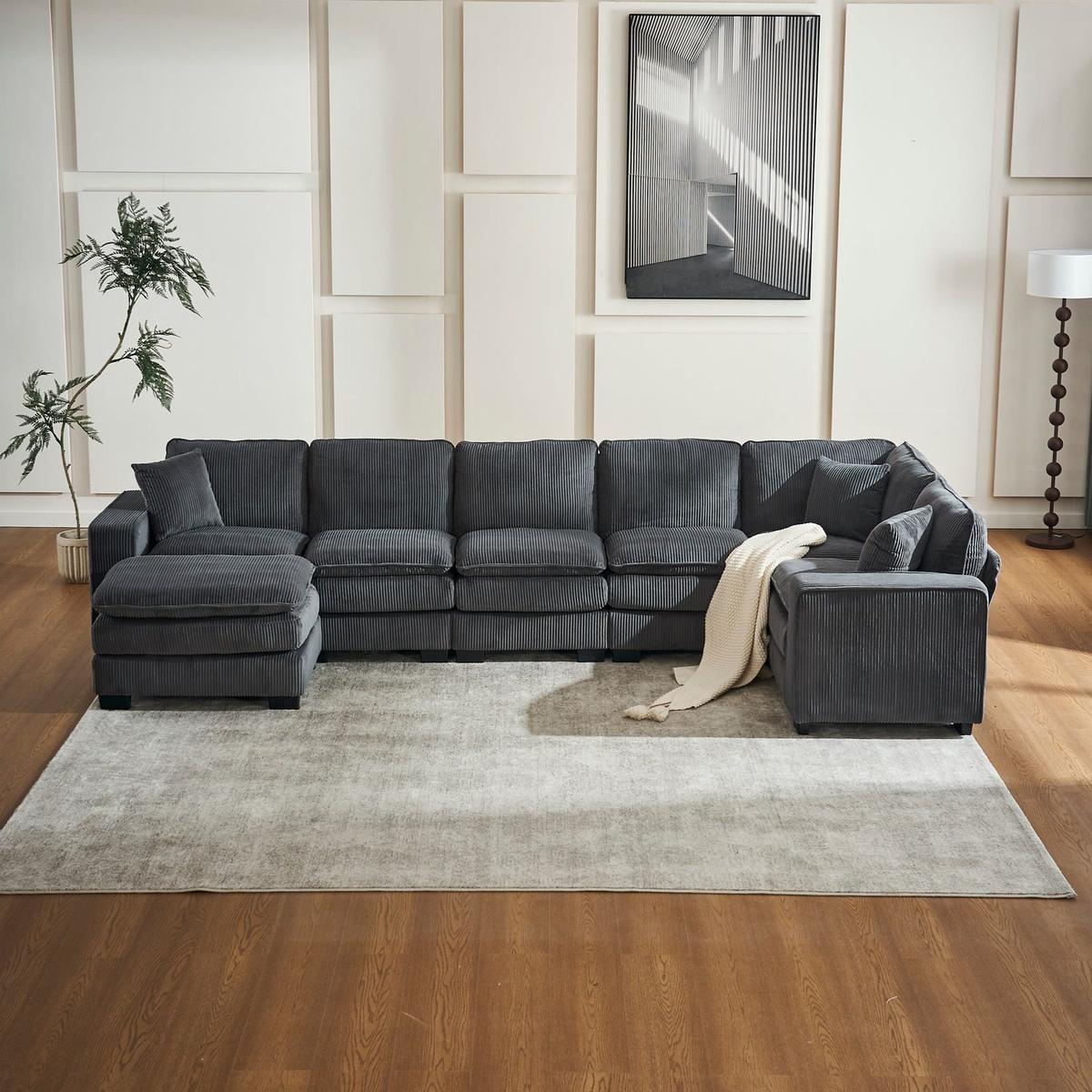 Modern U Shaped 6-seat Sectional Sofa Couch with one Ottoman and three toss pillows, Modular Sofa for Living Room,Corduroy sofa