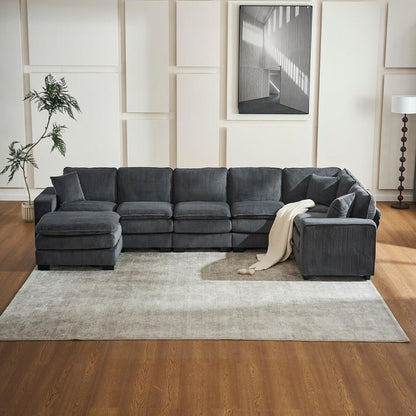 Modern U Shaped 6-seat Sectional Sofa Couch with one Ottoman and three toss pillows, Modular Sofa for Living Room,Corduroy sofa
