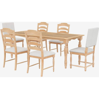 Vintage Traditional 7-Piece 82.7inch Extendable Dining Table Set with 23.6inch Removable Leaf, 4 Serrated Back Chairs and 2 Upholstered Back Dining Chairs for 6, Natural